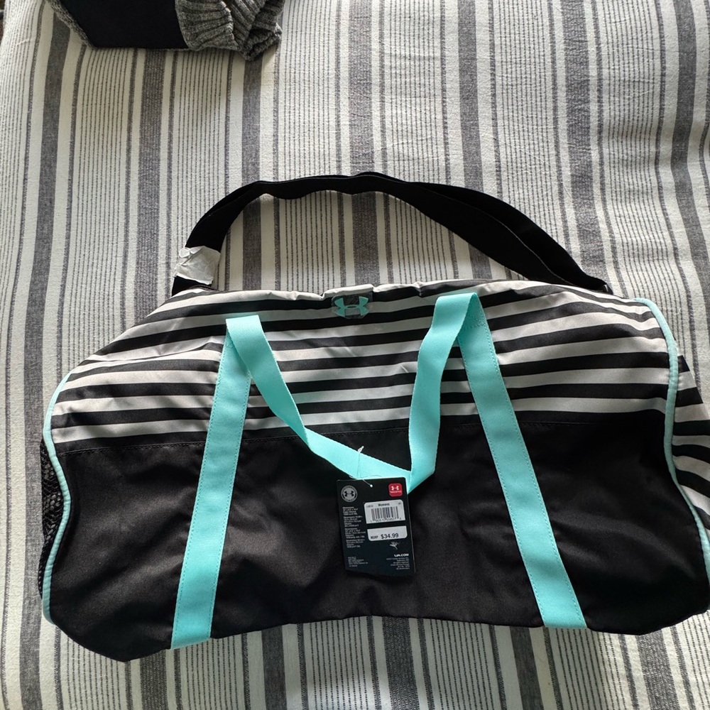 NWT Under Armour Black Duffel with Aqua Accent gym bag UA FAVORITE 2.0